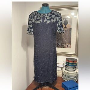 American Night Navy Blue Natural Silk Lined Beaded Sequined Formal Dress Size QS